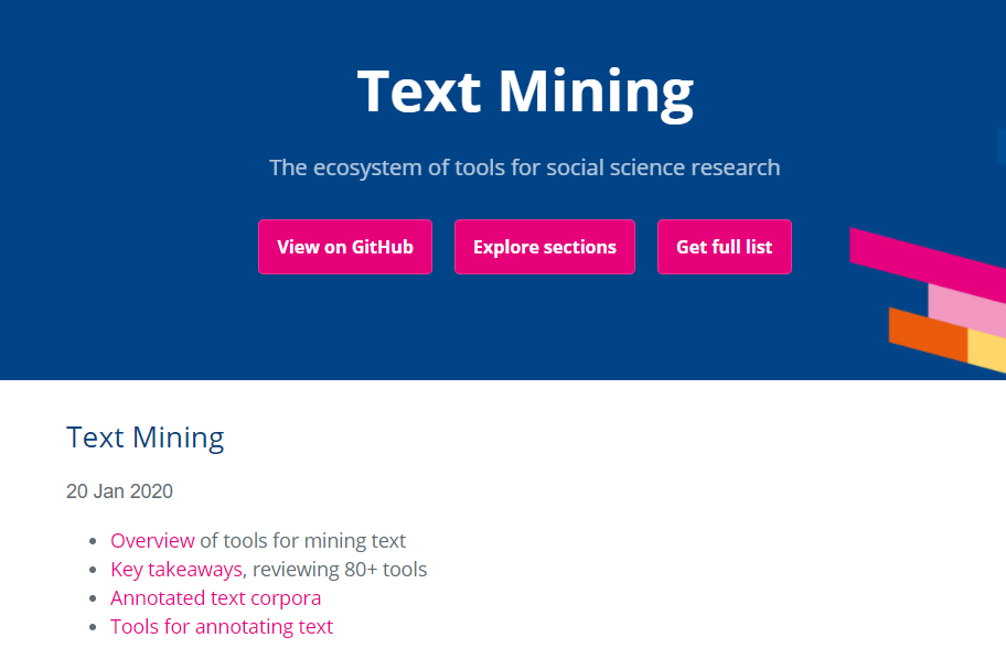 Fig. 6: Screenshot of the Text Mining section, an overview of tools available.\n