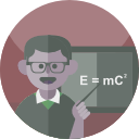 Scientist pointing at the E=MC squared on the board. Illustration.