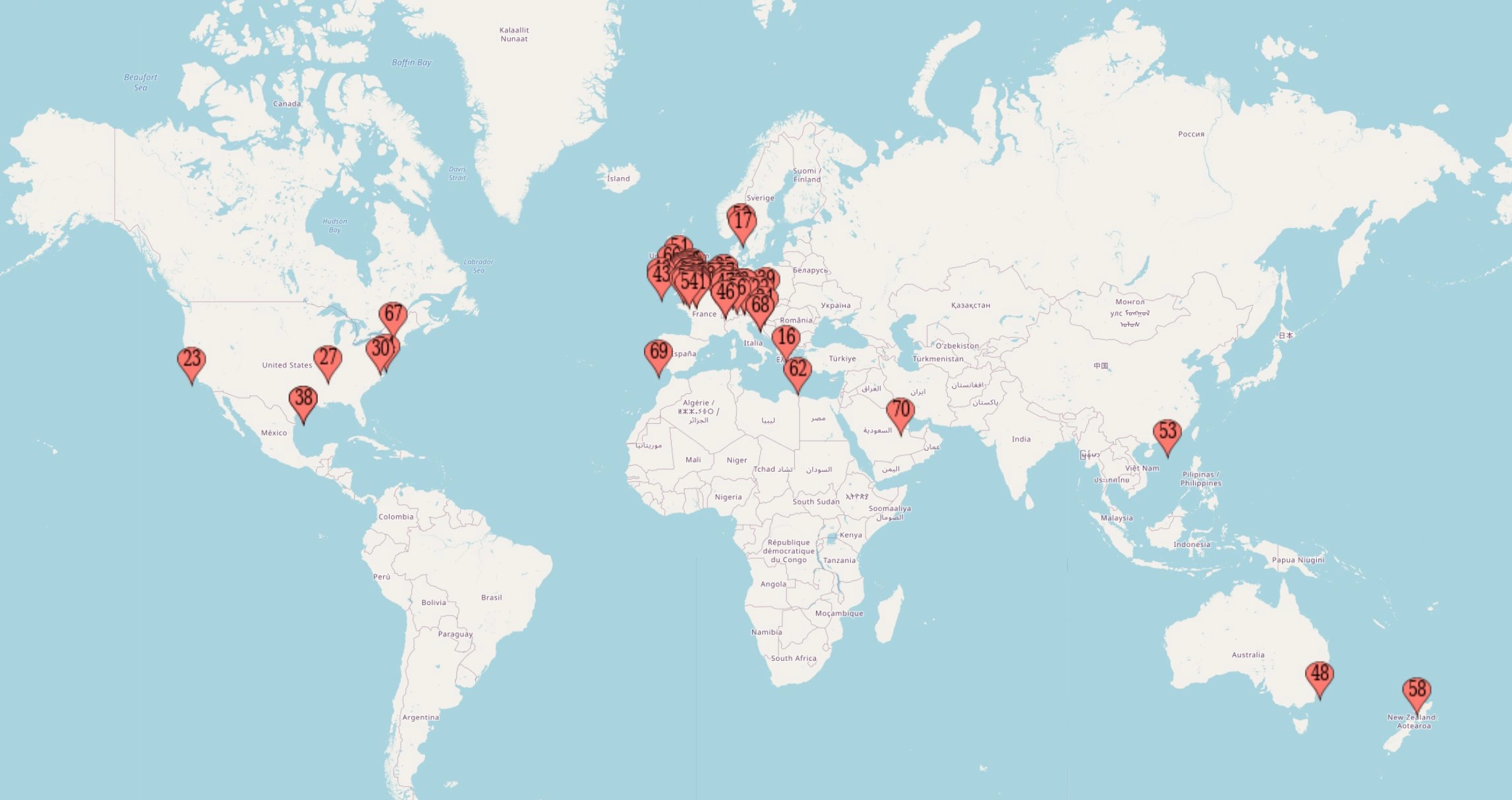 Map marking locations in North America, Europe, Asia, and Oceania